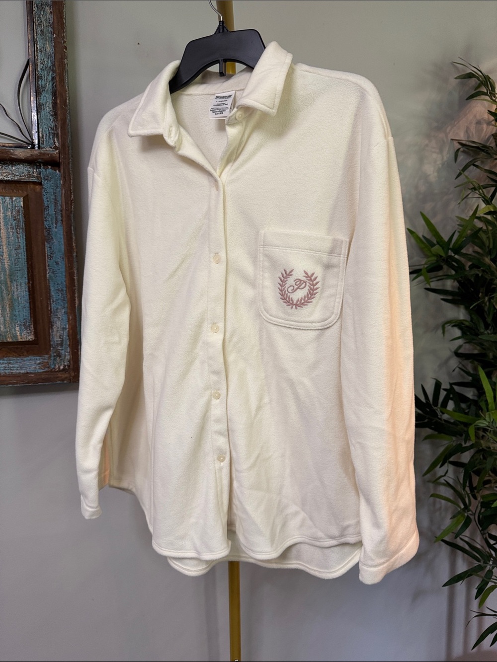 PINK Victoria's Secret Cream Button-Up Pajama Top with Chest Pocket NWOT L